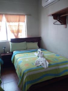 a stuffed animal sitting on a bed in a bedroom at Hostal Miconia in Puerto Ayora