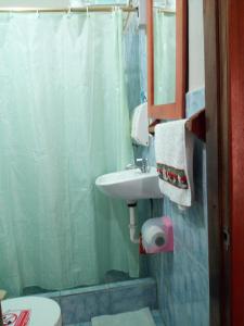 a bathroom with a sink and a toilet and a mirror at Hostal Miconia in Puerto Ayora
