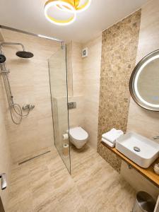 a bathroom with a shower and a toilet and a sink at Vila Monica in Buşteni