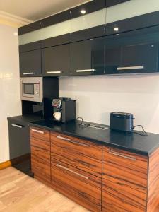 a kitchen with black cabinets and a counter with a microwave at Willa Rudno Nad Jeziorem in Rudno