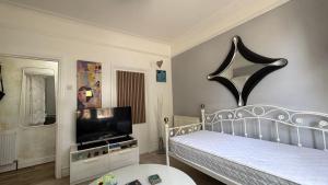 a bedroom with a bed and a flat screen tv at Bournemouth. Private Self Contained space. in Bournemouth