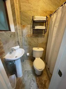a bathroom with a toilet and a sink at Hotelito Lindo León in León