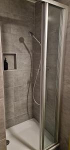 a shower with a glass door in a bathroom at Modern apartment with an amazing view in Leysin +23 photos