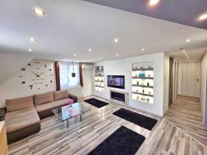 a living room with a couch and a fireplace at Stay4U Veszprém in Veszprém