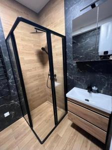 a bathroom with a shower and a white sink at Modern apartment in Klaipėda