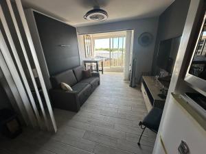 a living room with a couch and a television at L'Acropole in Cap d'Agde