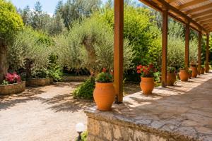 a row of flower pots sitting on a patio at Ozias House in Oziás