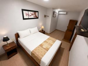 a bedroom with a large white bed and a television at Borus Hostel in Puerto Iguazú +14 photos