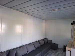 a living room with a gray couch in a room at Cuki Apartmanház in Sarud
