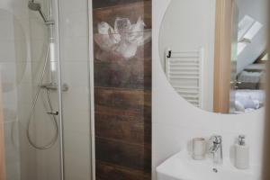 a bathroom with a shower and a sink with a mirror at Zacisze pod Tatrami in Suche +21 photos