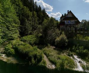 a house sitting on top of a hill with a river at Zacisze pod Tatrami in Suche