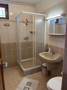 a bathroom with a shower and a sink at Handó Porta in Szenna +12 photos