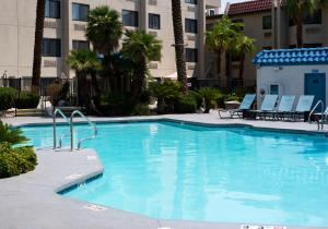 a swimming pool in a hotel with chairs and palm trees at Silver Sevens Hotel and Casino, a Wyndham Garden in Las Vegas