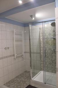 a bathroom with a shower with a glass door at Bocianówka 5 in Wężówka +30 photos