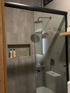 a glass shower in a bathroom with a toilet at Sweven Hotel Boutique in Guadalajara +53 photos