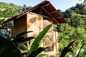 a small building in the middle of a forest at Blue Dot - jungle river adventure hostel closest to Ciudad Perdida in Santa Marta +35 photos