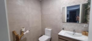 a bathroom with a toilet and a sink and a mirror at Serração House in Rio Caldo +21 photos