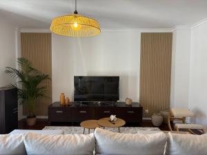 a living room with a couch and a tv at T2 central Valença in Valença