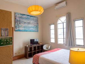 a bedroom with a bed and a tv and windows at Barrio Antiguo Hostel HK in Monterrey