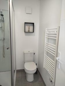 a white bathroom with a toilet and a shower at Petite maison meublée in Landévant
