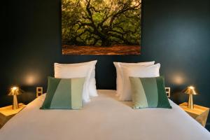 a bedroom with a large white bed with green pillows at La Villa Du Temple - Climatisation in Auxerre