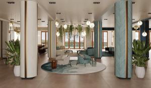 a lobby with chairs and plants in a building at Crowne Plaza Paris Marne-la-Vallée in Magny-le-Hongre +142 photos