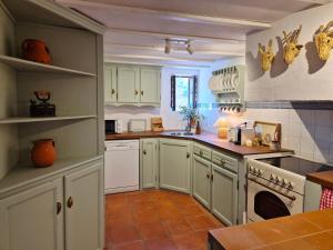 a kitchen with green cabinets and white appliances at Casa da Água Formosa in Vila de Rei