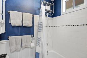 a bathroom with blue walls and a white shower at Private Dock, Boat Launch, Fire Pit & Lake Views in Sunrise Beach +34 photos