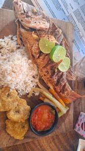 a plate of food with rice and meat and vegetables at exotic island ometepe in Altagracia