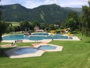 a swimming pool in a field with mountains in the background at Chalet-Apartment Alpenresidenz in Sankt Michael im Lungau