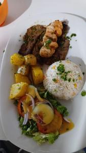 a plate of food with rice and meat and vegetables at exotic island ometepe in Altagracia
