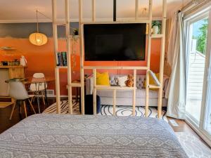 a bedroom with a bunk bed with a large tv at Evergreen Bed & Breakfast in Hope +2 photos