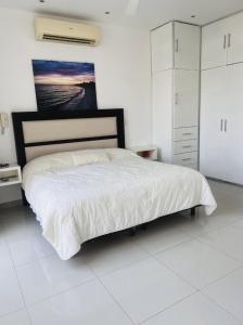 a white bedroom with a large bed and a painting at Trade winds International in Progreso