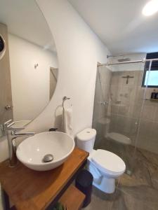 a bathroom with a sink and a toilet and a mirror at GURUS FR | Cómodo Elegante cerca Termales in Santa Rosa de Cabal +34 photos
