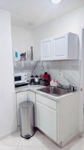 a white kitchen with a sink and a microwave at Private Miami Suite in Tamiami Airport