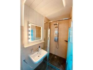 a bathroom with a sink and a shower at Courtyard Idyll Apartment in Rostock