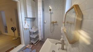 a bathroom with a shower and a sink with a mirror at 케이앞산 하우스 in Daegu +48 photos
