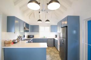 a kitchen with blue cabinets and a black refrigerator at Stunning Views Oceanfront Oasis with Private Pool - Inch by Inch in Christ Church