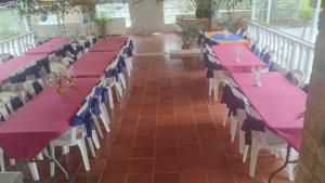 a row of tables with pink and blue tablecloths at Cabañas Creation Garden - Espacio de Vida Saludable in San Francisco