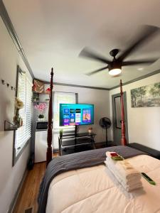 a bedroom with a bed and a ceiling fan at Villa Juan and Alejandra in Atlanta