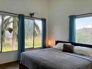 a bedroom with a bed and two large windows at Casa Roraima in San Antonio +104 photos