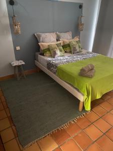 a bed with a green blanket and pillows on it at Évasion Tropicale à Tartane in Tartane