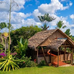 a hut with a grass roof in a garden at Lambawany in Sainte Marie