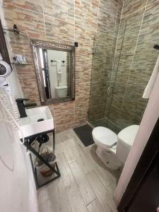 a bathroom with a toilet and a sink and a mirror at Hotel kasa Sarita Centro Historico SMA in San Miguel de Allende +63 photos