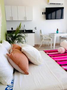a room with a bed with pillows on it at Studio RoofTop with amazing view in Mahahual +15 photos