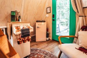 a small refrigerator in a room with a green door at Romantic A-Frame Couples Retreat Cozy and 12 Acres in Rockbridge