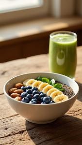 a bowl of food with blueberries and bananas and a green drink at Hotel Royal Green - Green Park Metro in New Delhi +16 photos