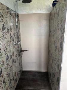 a shower in a bathroom with a wall at Flachsberg in Huf +9 photos