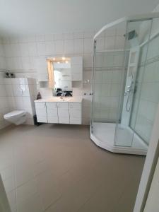 a bathroom with a shower and a sink and a toilet at Great villa with amazing view in Tromsø +26 photos