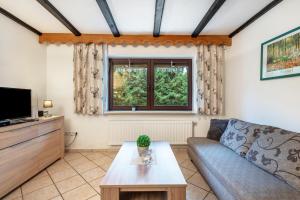a living room with a couch and a tv at Ferienwohnung Bayerwald in Arrach